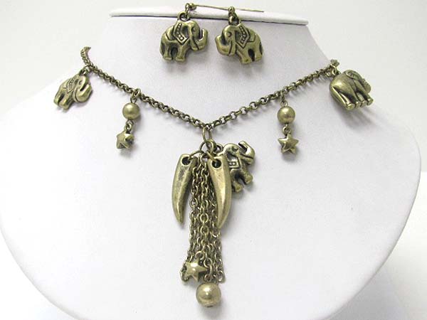 Elephant theme charm and tassel drop necklace earring set