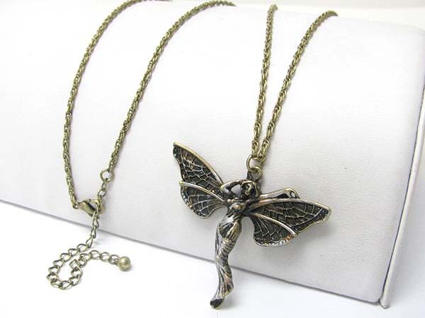 Burnish metal fairy sculpture pendant long chain necklace