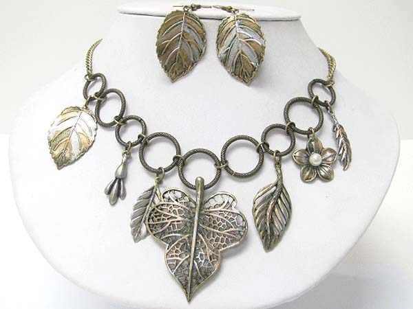 Burnish metal multi leaves charm dangle necklace earring set