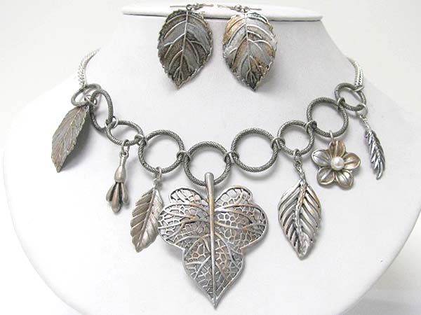 Burnish metal multi leaves charm dangle necklace earring set