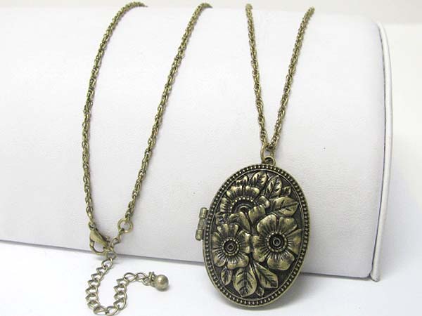 Burnish metal flower texture oval locket long chain necklace