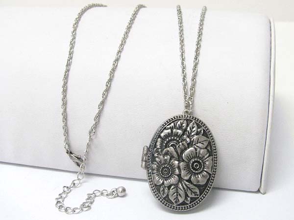 Burnish metal flower texture oval locket long chain necklace