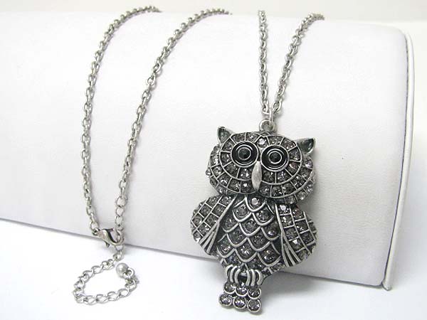 Crystal stud owl pendant long chain necklace