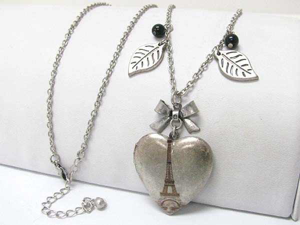 Eifel tower engraved heart lochet pendant long chain necklace