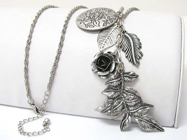 Flower and leaves charm dangle long chain necklace