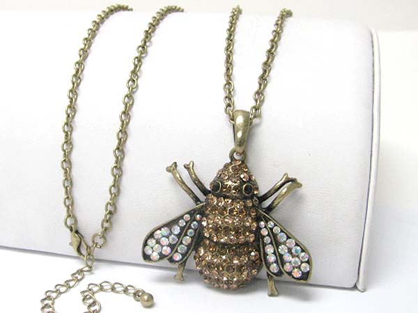 Crystal stud large bug pendant long chain necklace