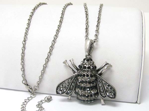 Crystal stud large bug pendant long chain necklace