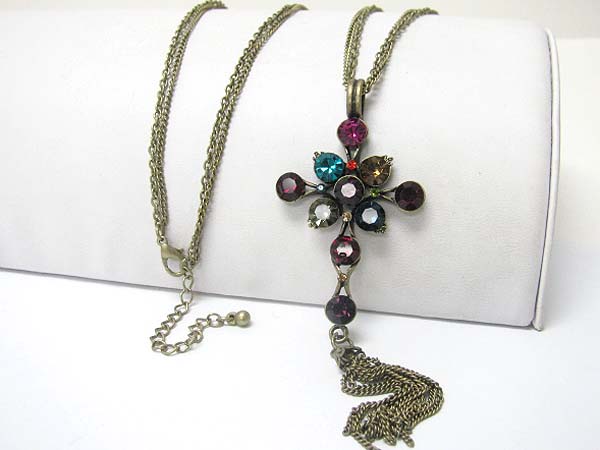 Crystal stud cross pendant and long tassel drop long chain drop necklace