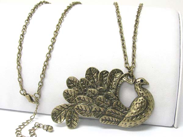 Burnish metal detail textured peacock pendant long chain necklace