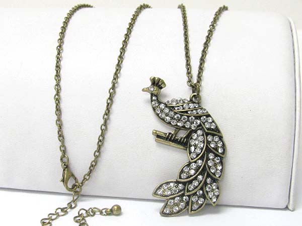 Crystal stud peacock pendant long chain necklace