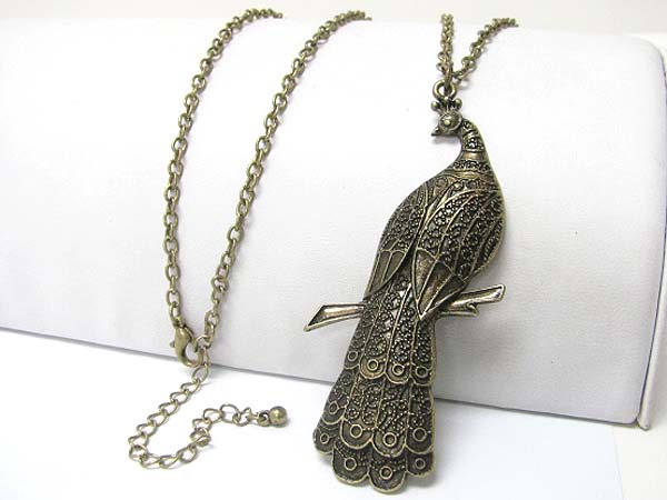 Burnish metal detail textured peacock pendant long chain necklace