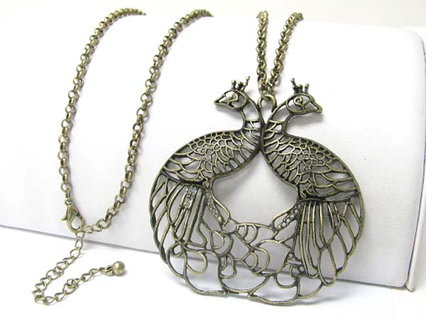 Burnish metal detail textured peacock couple pendant long chain necklace