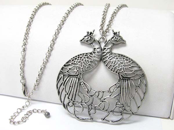 Burnish metal detail textured peacock couple pendant long chain necklace