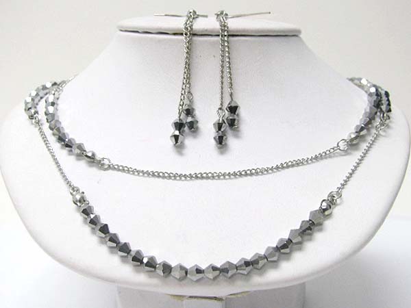 Facet glass stone double row necklace earring set