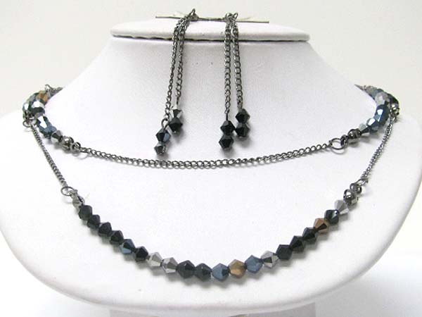 Facet glass stone double row necklace earring set