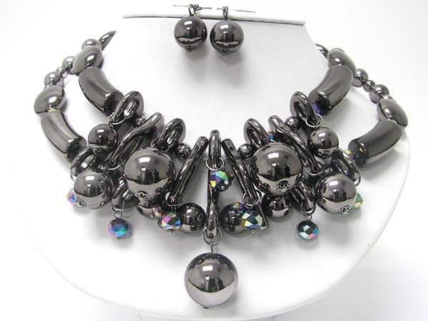 Double row chunky metal ball and stick necklace earring set