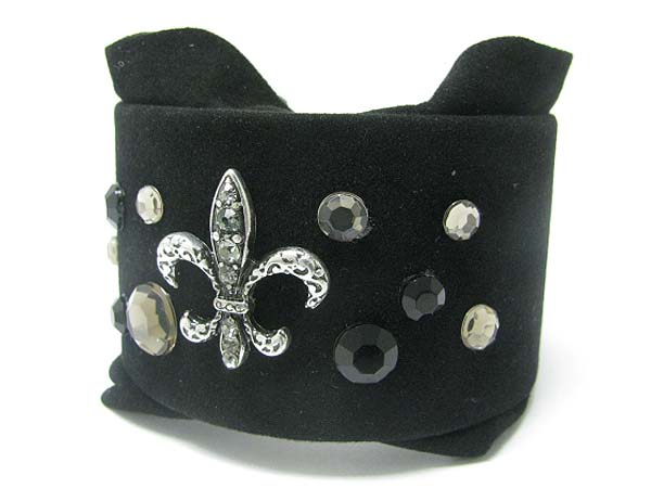 Crystal stud fleur de lis stud velvet wrapped cuff bangle