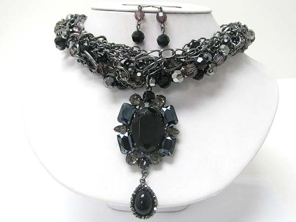 Crystal deco oval pendant and multi braided chain necklace earring set