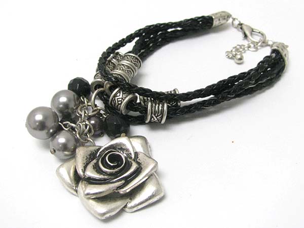 Metal flower charm and pearl dangle braided cord bracelet