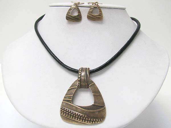 Burnish textured metal pendant and cord necklace earrring set