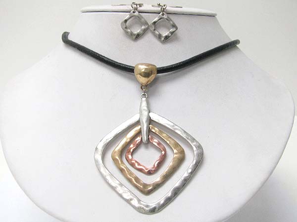 Burnish textured metal pendant and cord necklace earrring set