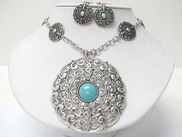 Natural round stone large round metal pendant necklace earring set