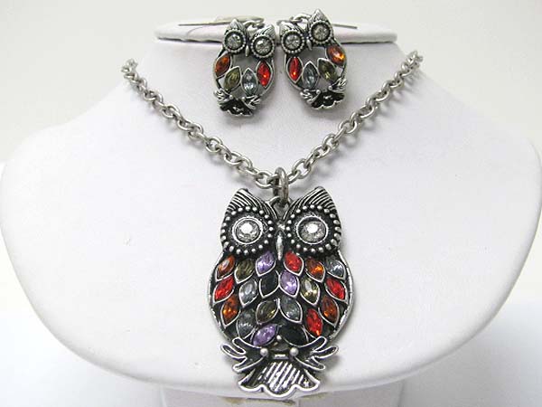 Crystal feather owl pendant necklace earring set