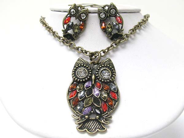 Crystal feather owl pendant necklace earring set