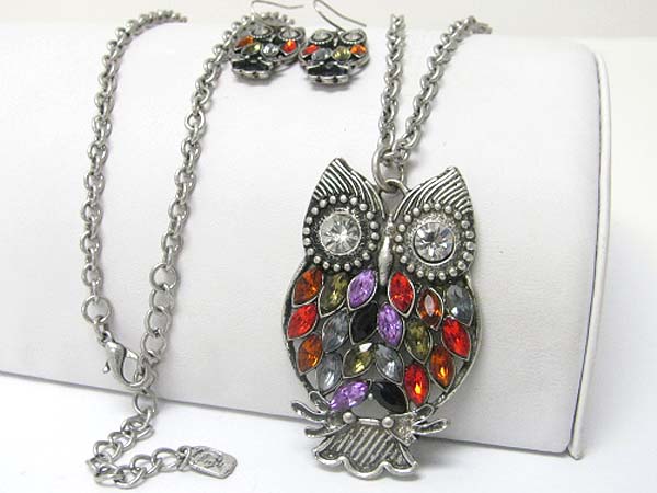 Crystal feather owl pendant long necklace earring set