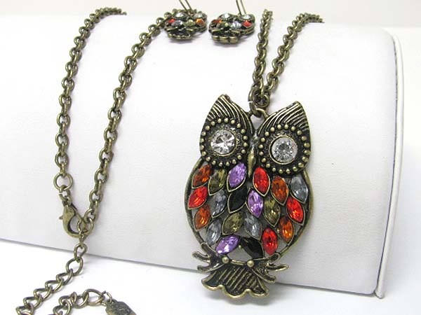 Crystal feather owl pendant long necklace earring set