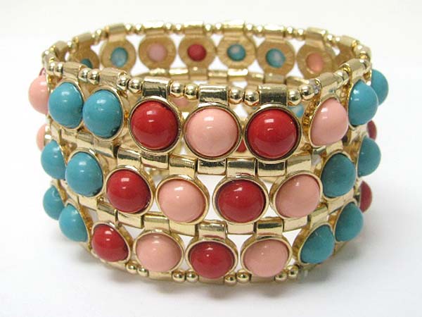 Triple row round stone link stretch bracelet