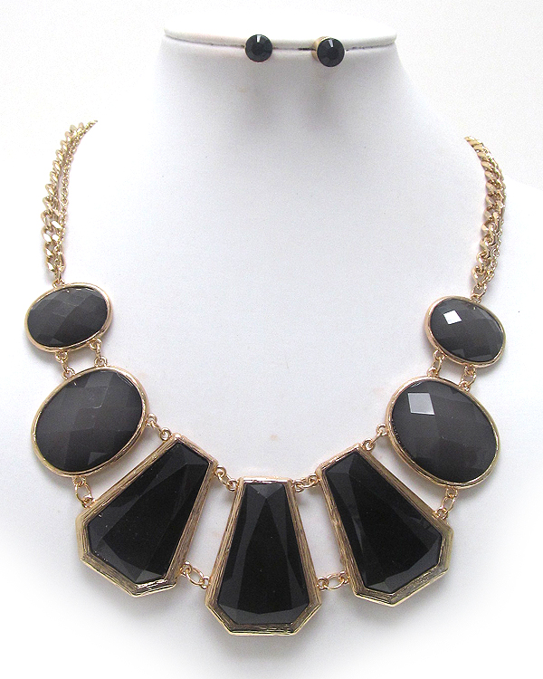 Multi shape glass stone scratch metal necklace earring set