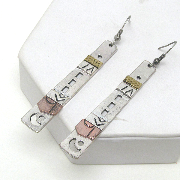 Hand made metal art long rectangle drop earring