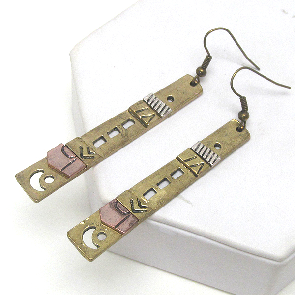 Hand made metal art long rectangle drop earring