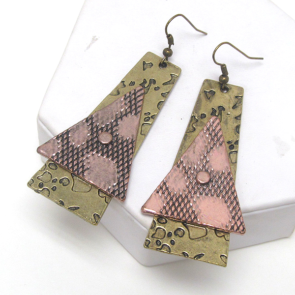 Hand made metal art rectangle and triangle drop earring