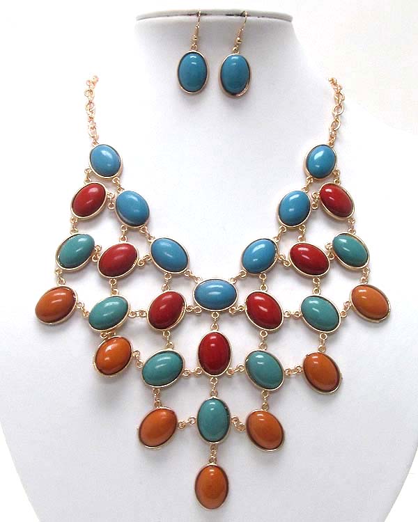 Multi oval acryl coneted patern chan necklace earring set