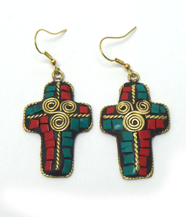 Cross with stone fish hook earrings