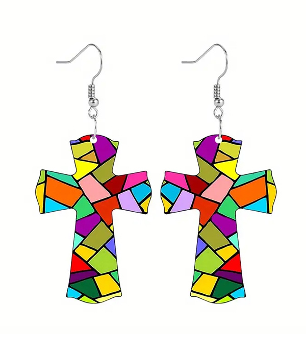 Mosaic acrylic cross earring