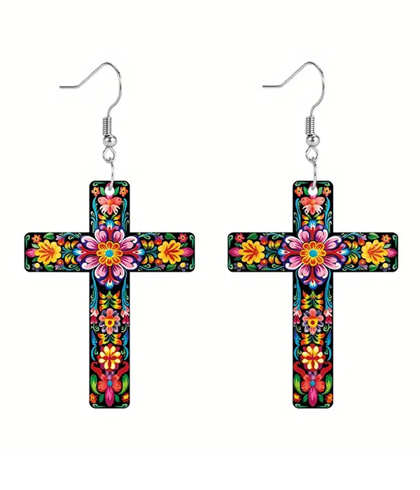 Flower print acrylic cross earring