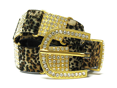 Crystal buckle and metal with animal print belt