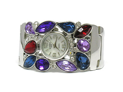 Multi crystal and epoxy stone deco cuff watch