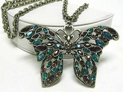 Crystal butterfly pendant long necklace