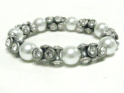 Crystal edge metal bar and pearl ball stretch bracelet