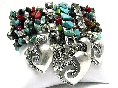 Heart charm multi row natural chip stone stretch bracelet