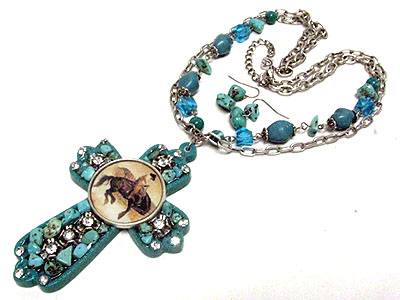 Natural chip stone large cross pendant necklace set - cowgirl theme