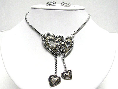 Dual heart link and heart drop necklace set