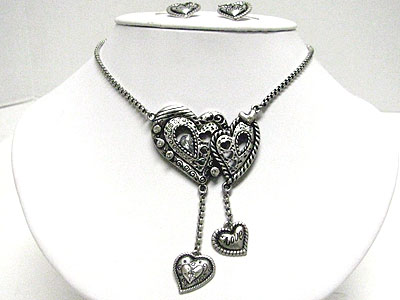 Dual heart link and heart drop necklace set