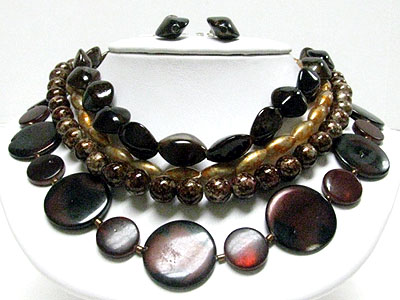 Multi shape disk and ball and multi row beads necklace set