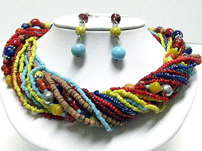 Braided multi row beads necklace set