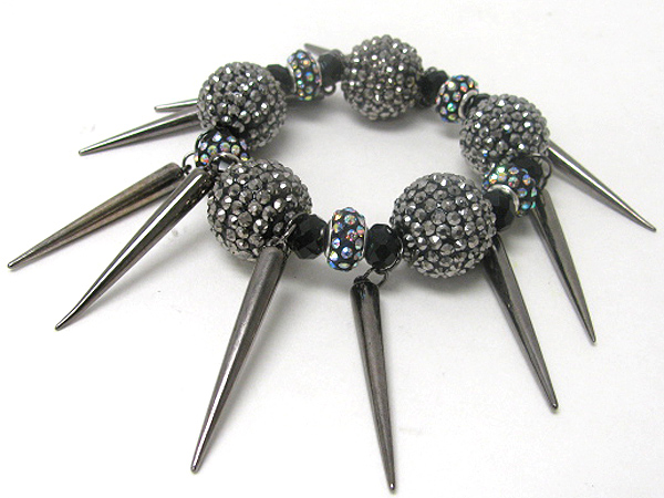 Crystal fireball and metal spike dangle stretch bracelet